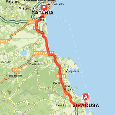 Mappa del percorso da Catania via A19